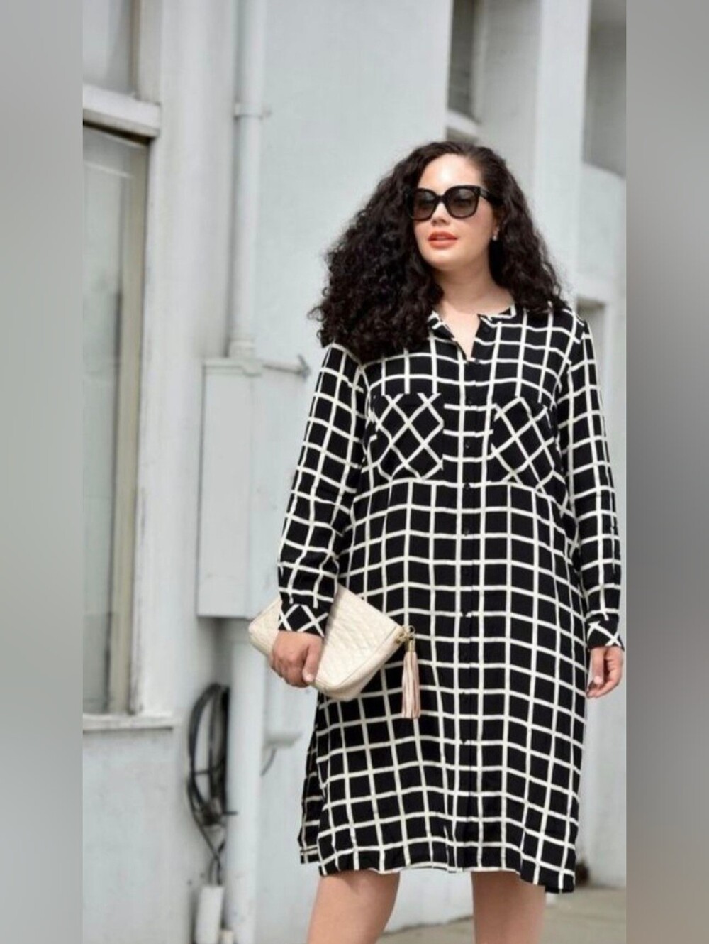 ASOS Black and White Grid Long-Sleeve Shirt Dress